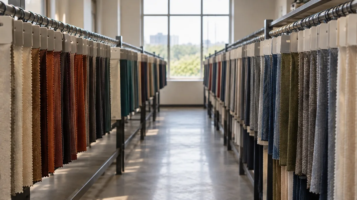 Rails of shade cards in a sample room, the colours whose cost this lesson explains