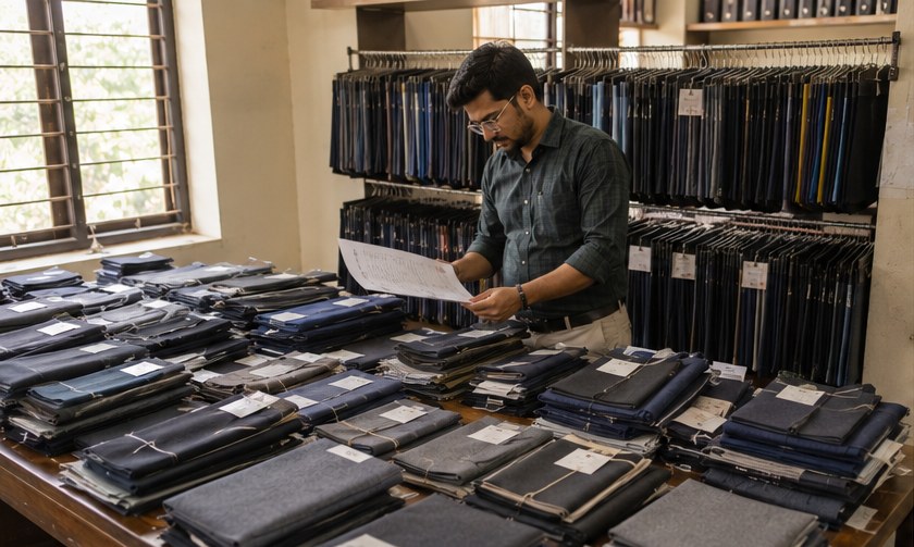 Fabric stacks being checked against a written spec sheet on a mill table