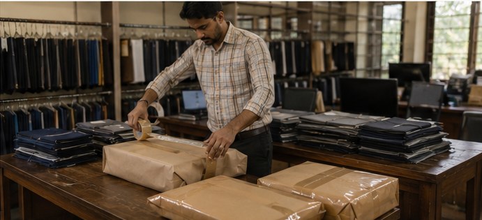 A mill worker taping a packed fabric parcel next to a printed spec sheet