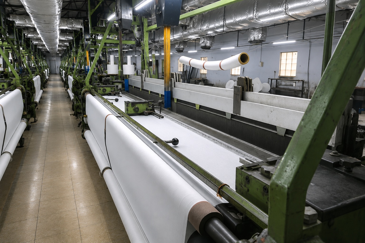 Close-up of rolled suiting fabric stacked in a mill store