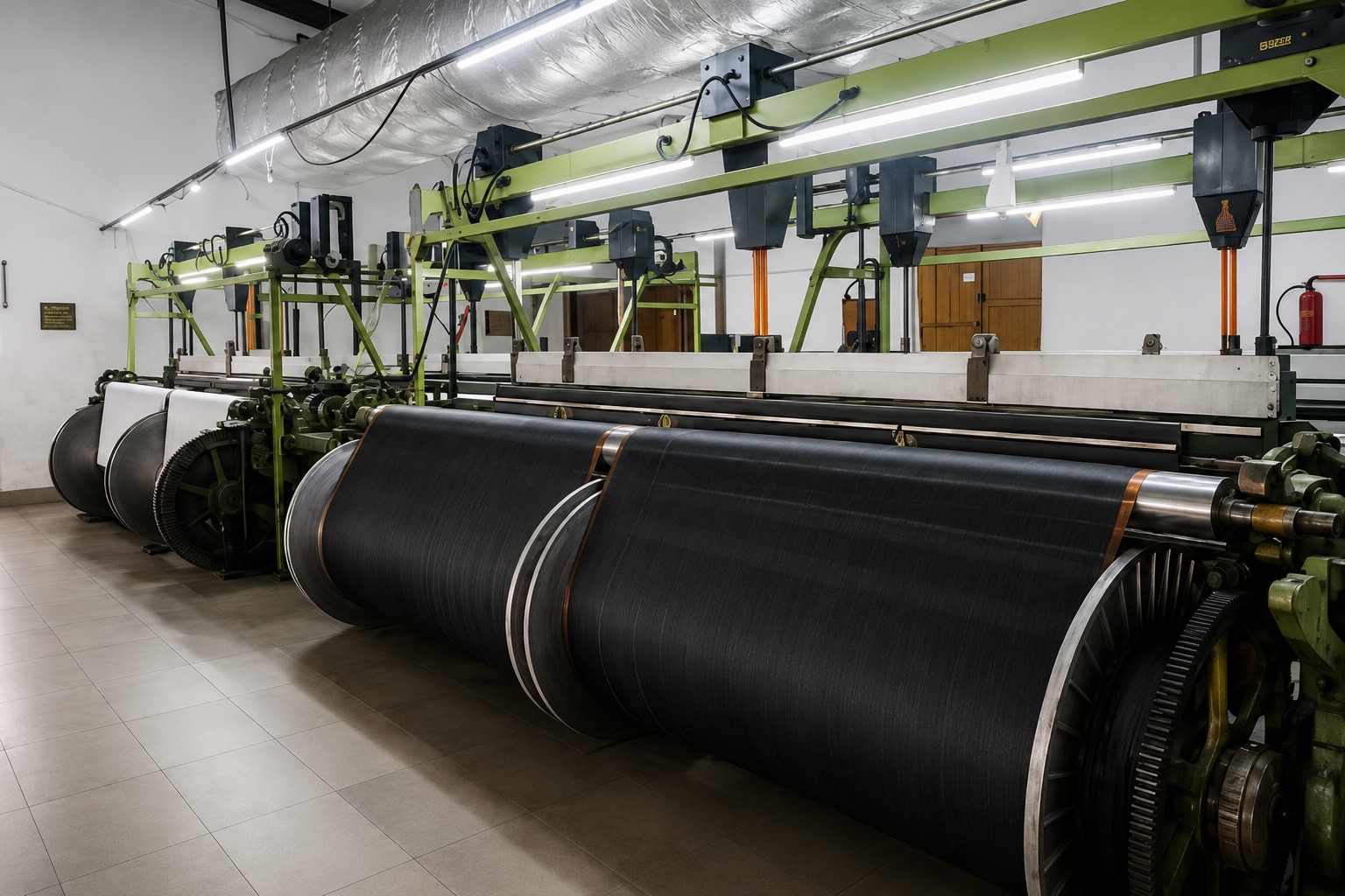 Rolls of suiting fabric stacked in a mill warehouse