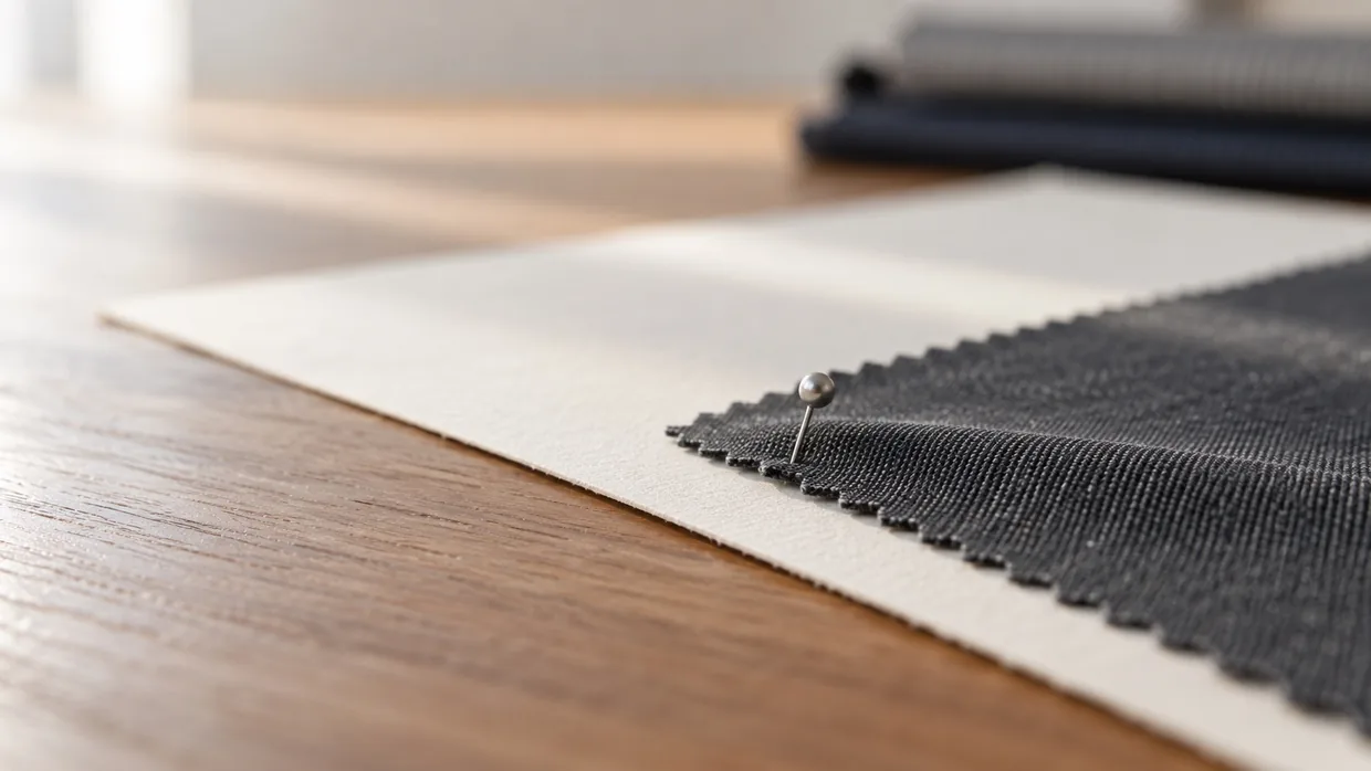 A charcoal suiting swatch pinned to a plain approval sheet, seen at a low raking angle