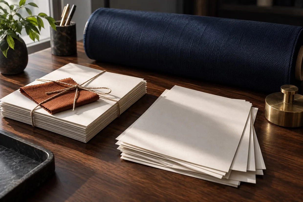 A tied bundle of blank papers with a rust swatch on top, a loose stack of sheets and a roll of navy suiting on a dark wooden desk in window light