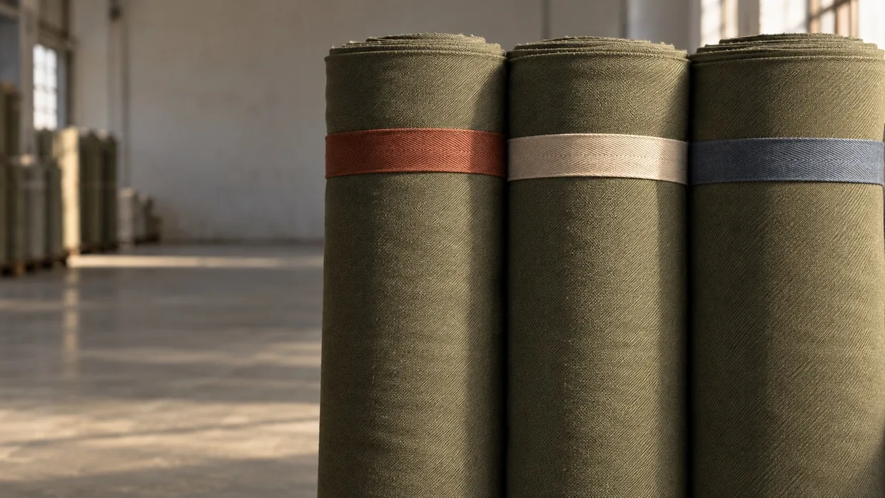 Three olive fabric rolls with lot bands, dyed to one shade
