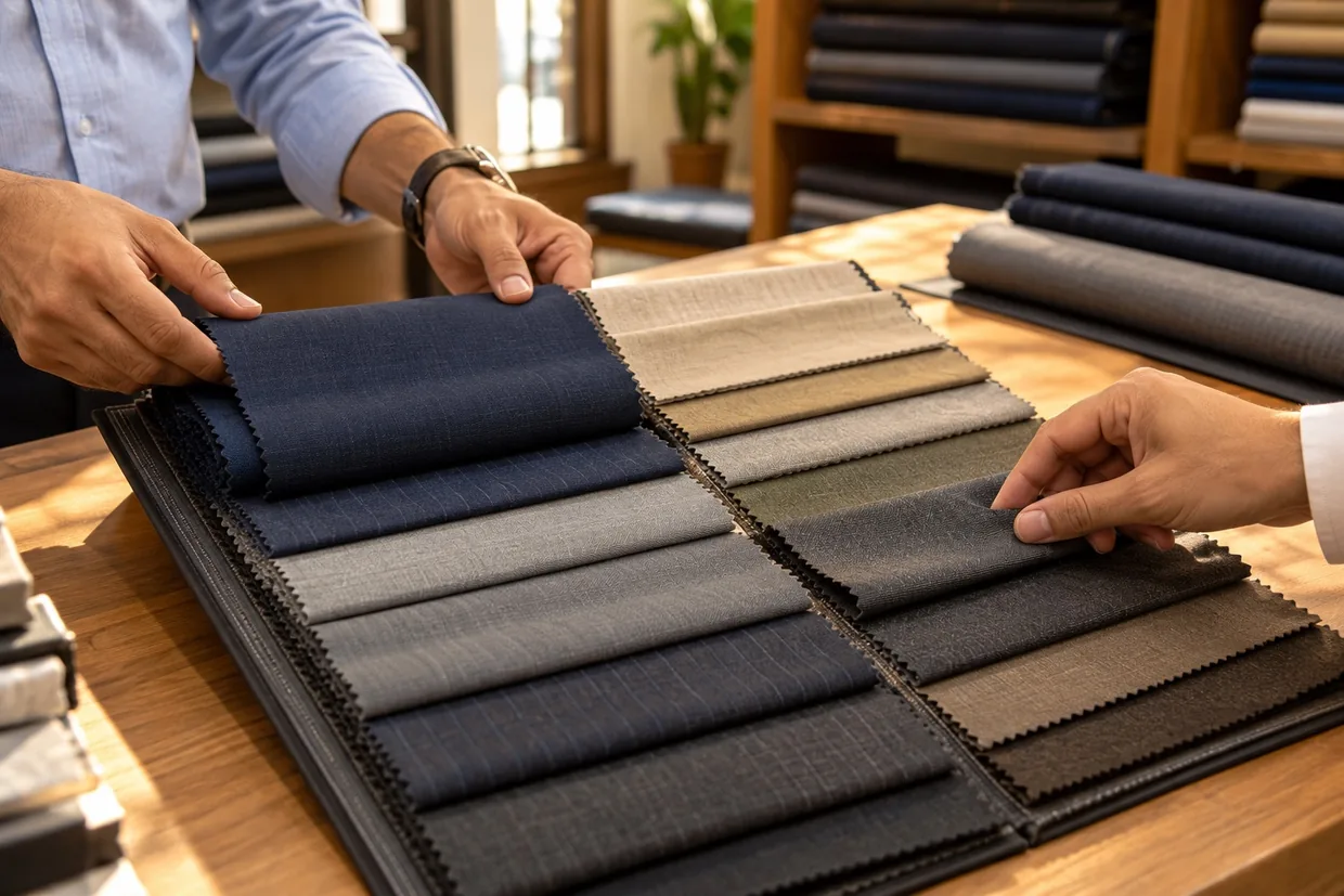 A trader showing a buyer a swatch book of navy, grey and olive suiting fabrics
