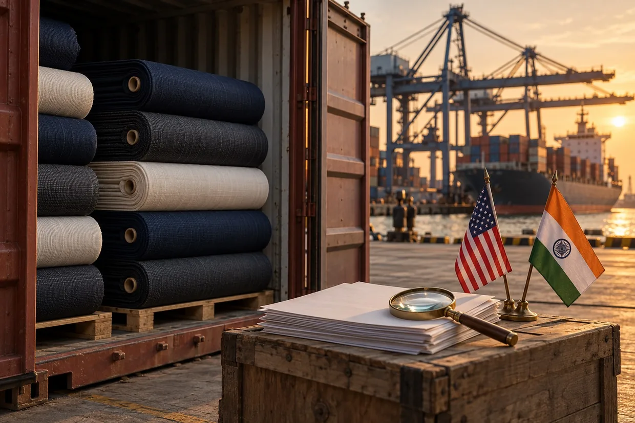 Rolls of navy, charcoal and cream suiting fabric inside an open shipping container at a port, with trade documents under a magnifying glass and small US and India flags