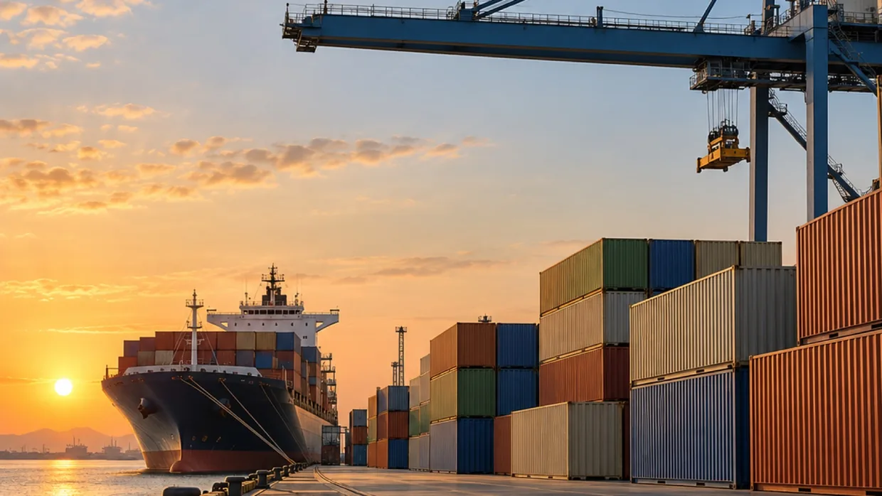 A container ship berthed at a quiet terminal quay at golden hour, with stacked unmarked containers and a gantry crane