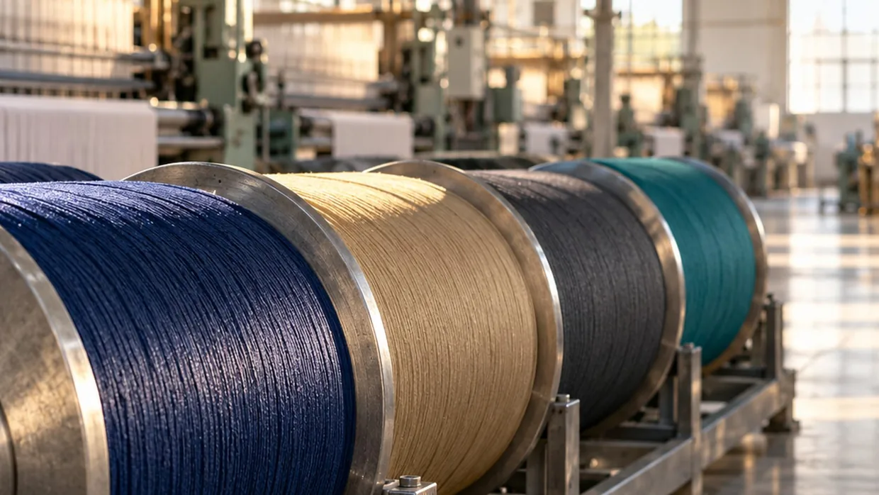 A row of wound warp beams in navy, khaki, charcoal and teal yarn queued on a rack beside the looms
