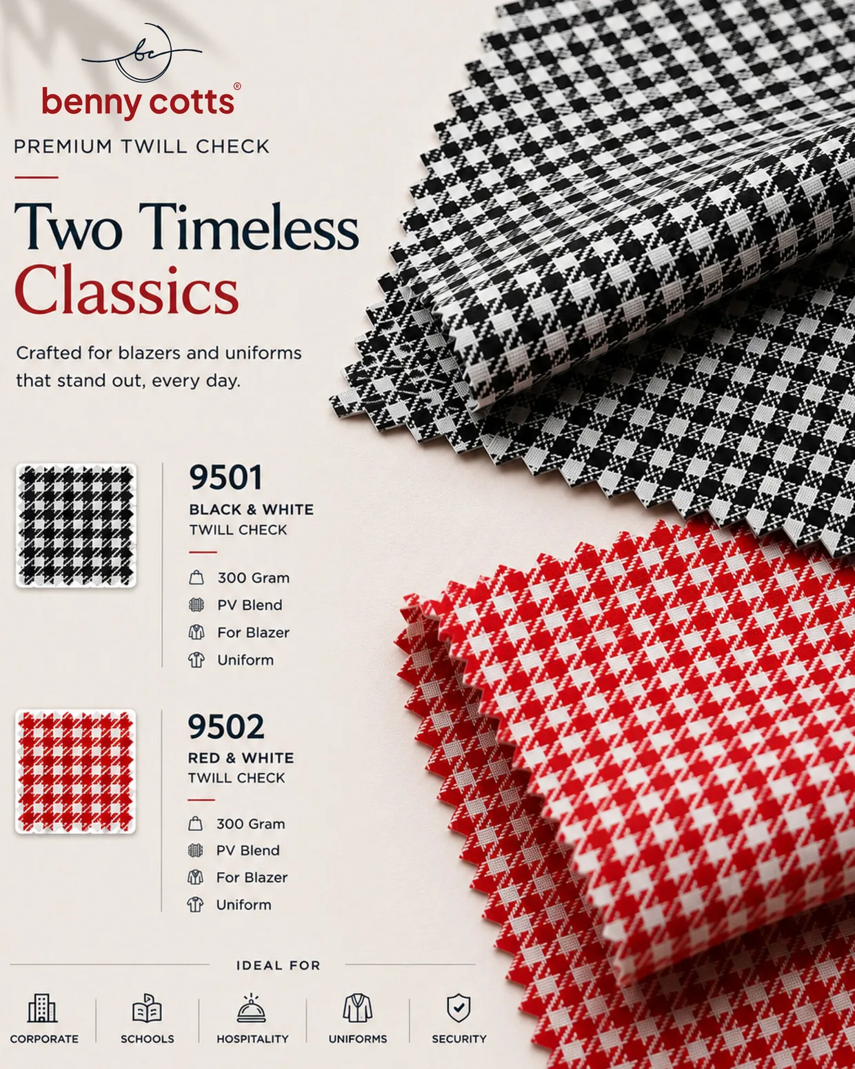 Premium Twill Check shade card showing shade 9501 black and white and shade 9502 red and white, both 300 GSM poly-viscose twill check