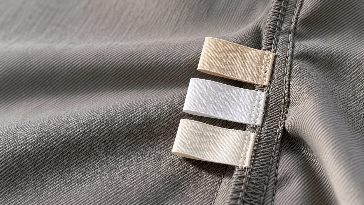 Three plain cream, white and ivory labels sewn into the side seam of a grey twill uniform garment