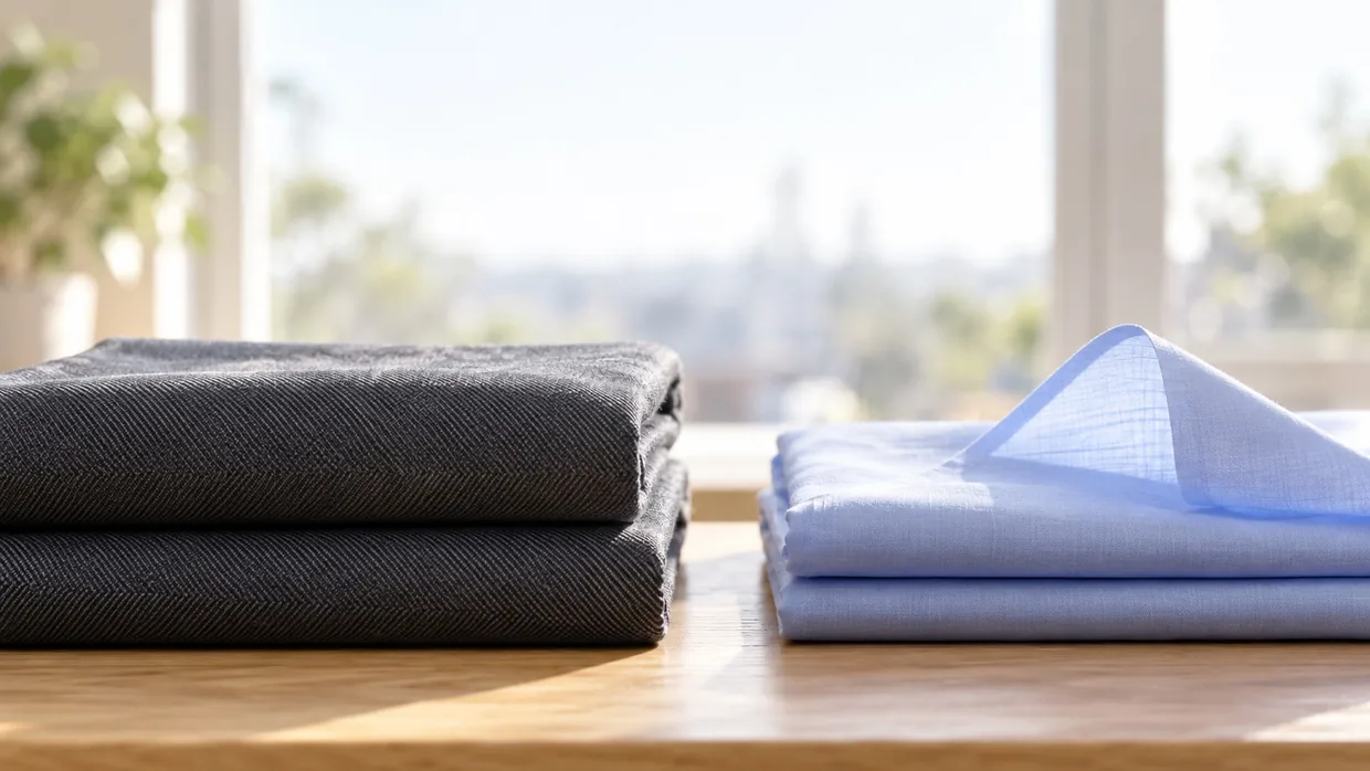Folded charcoal twill suiting beside lighter sky-blue shirting, with daylight showing through the shirting