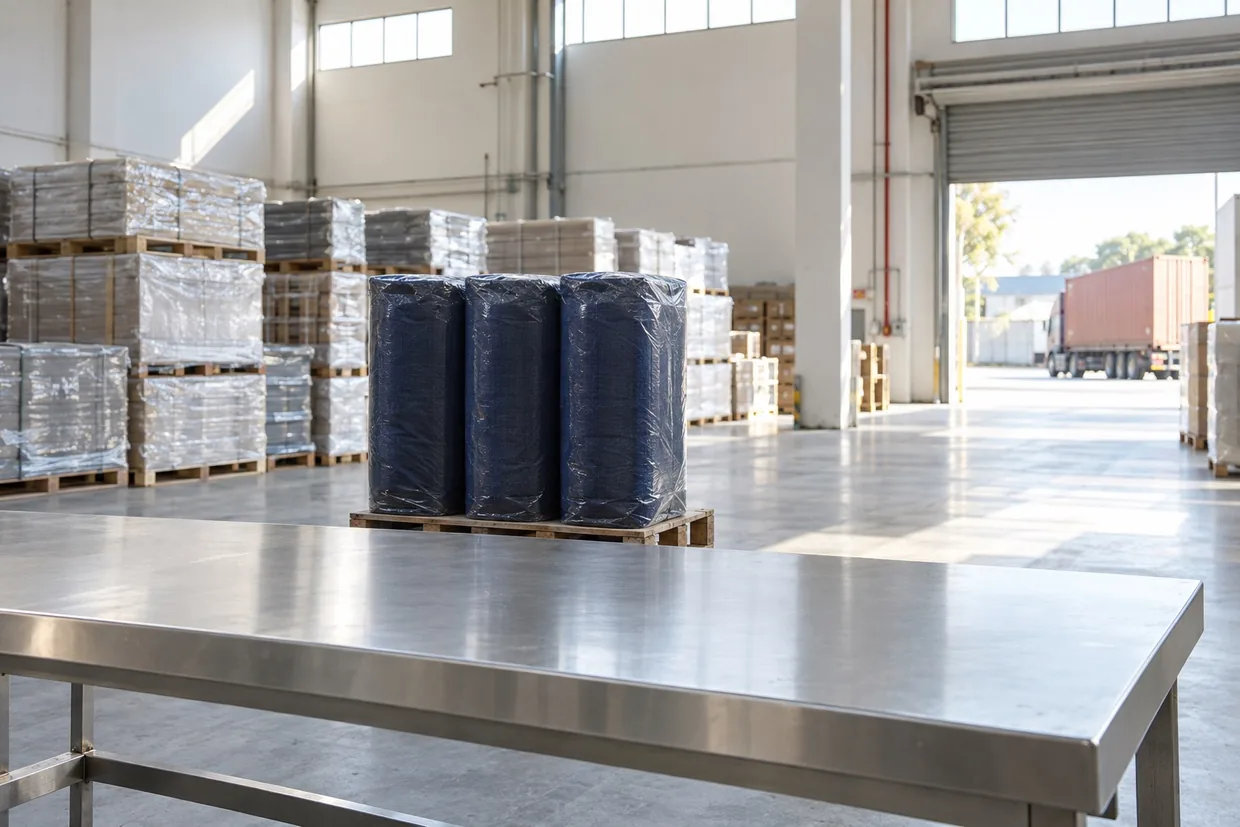 Wrapped bolts of indigo suiting on a pallet past an empty examination bench in a bright customs clearance warehouse