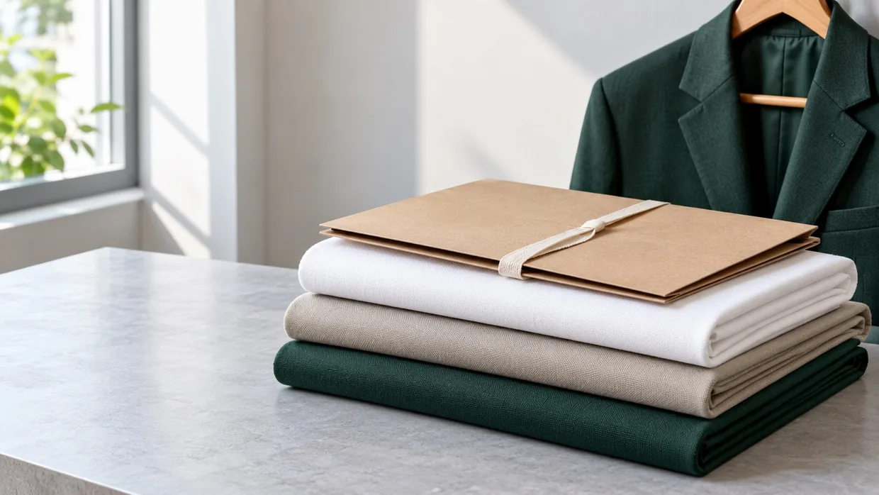 A folded stack of bottle green, stone and white suiting with a tied kraft document folder on top, beside a finished bottle green uniform jacket on a hanger