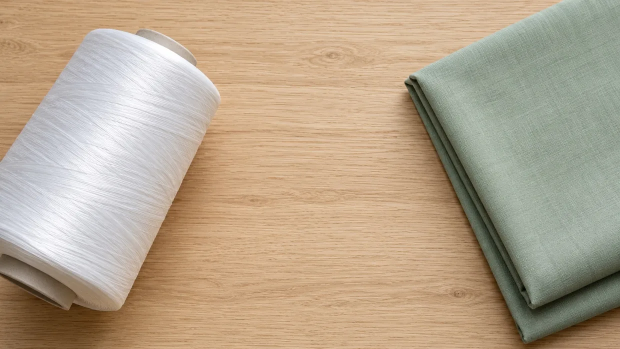 A cone of white polyester filament yarn beside a folded piece of sage green woven shirting on a pale wooden table