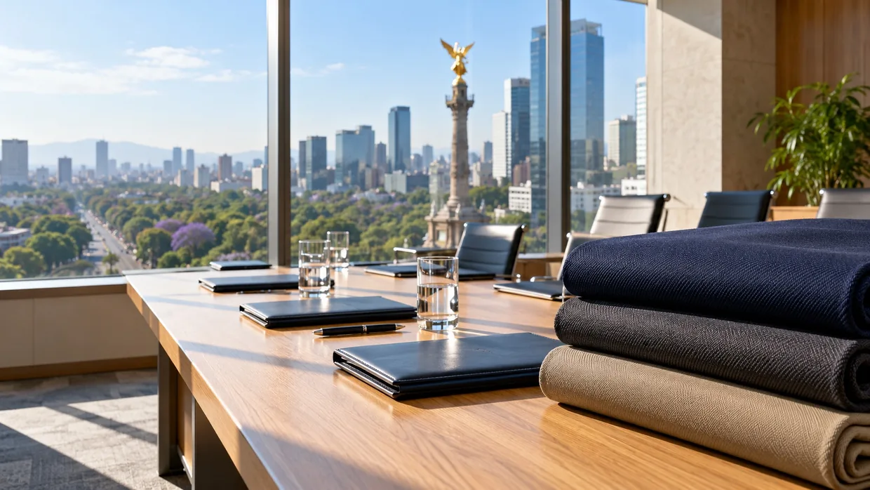 Folded navy, charcoal and khaki uniform fabric on a meeting table set for talks, with a Mexico City avenue and monument beyond the window