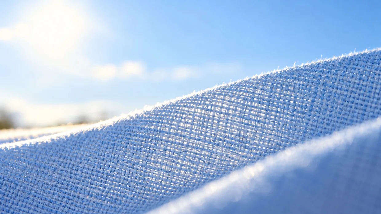 Sunlight glowing through the open weave of a light blue shirting fabric