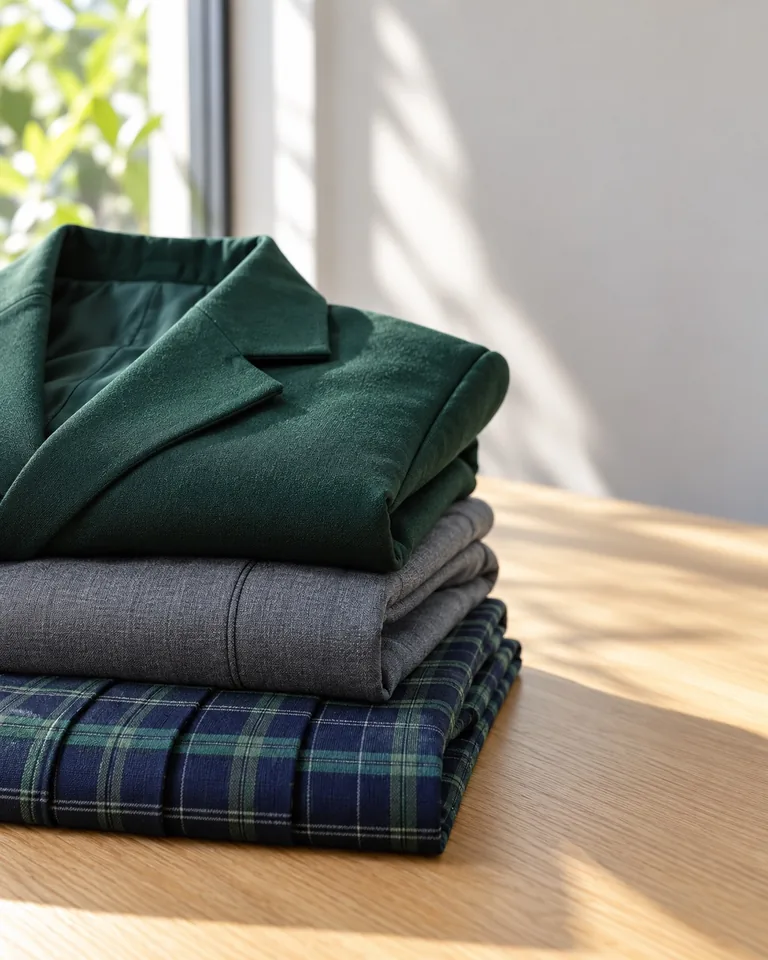 Folded new school blazer, trousers and check pinafore stacked on a sunlit bench