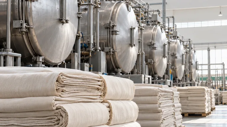 Stacks of undyed greige cloth waiting beside closed stainless dyeing vessels in a bright processing hall