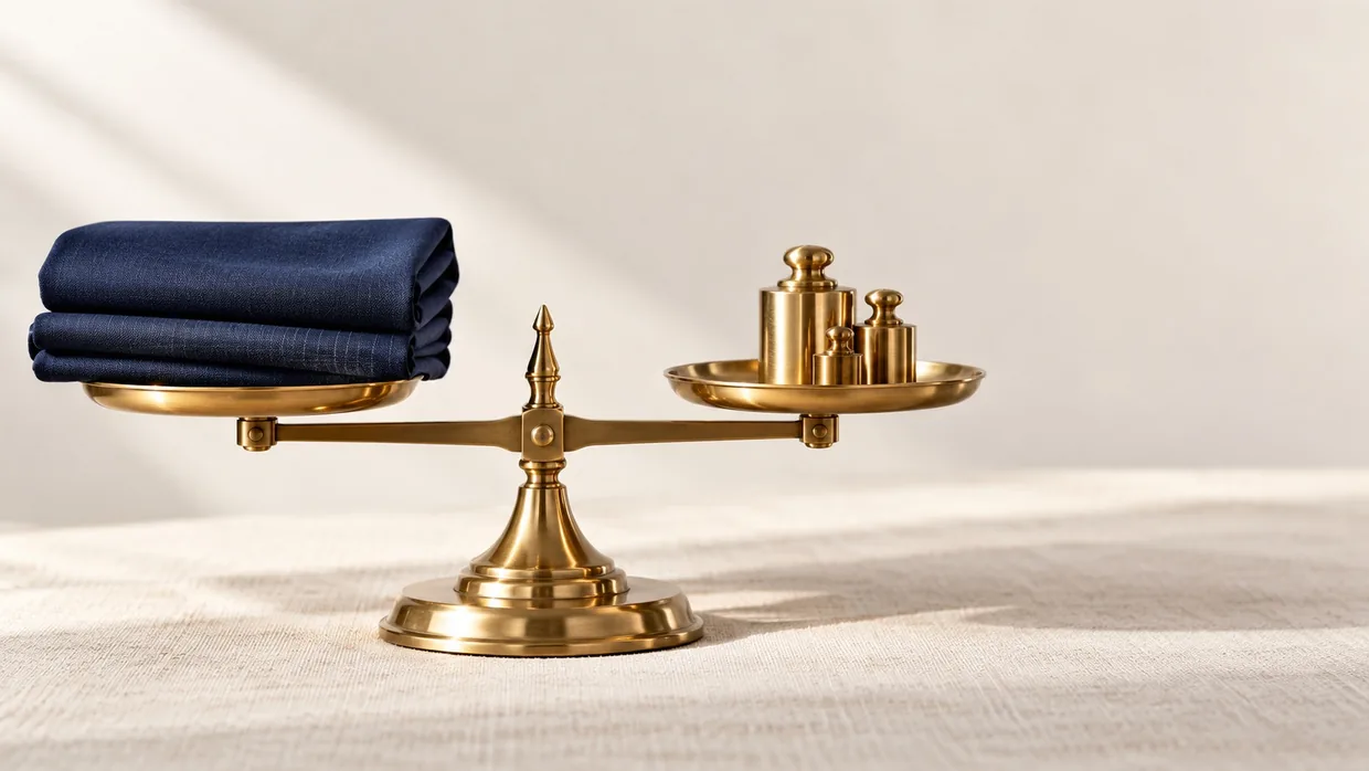 A folded length of navy suiting on one pan of a brass balance, polished weights on the other, the beam just level