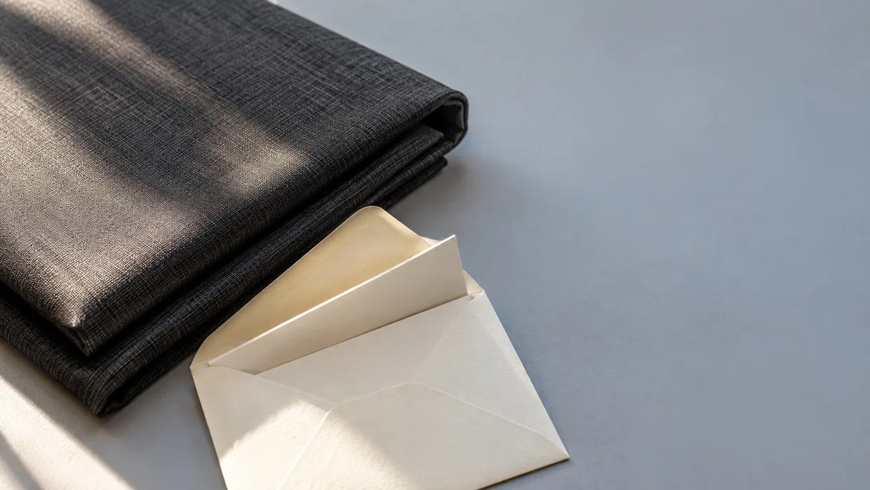 A folded length of charcoal suiting beside an opened envelope, the decision now published