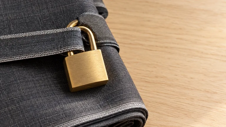 A brass padlock fastened through a band of folded charcoal suiting on a pale oak surface