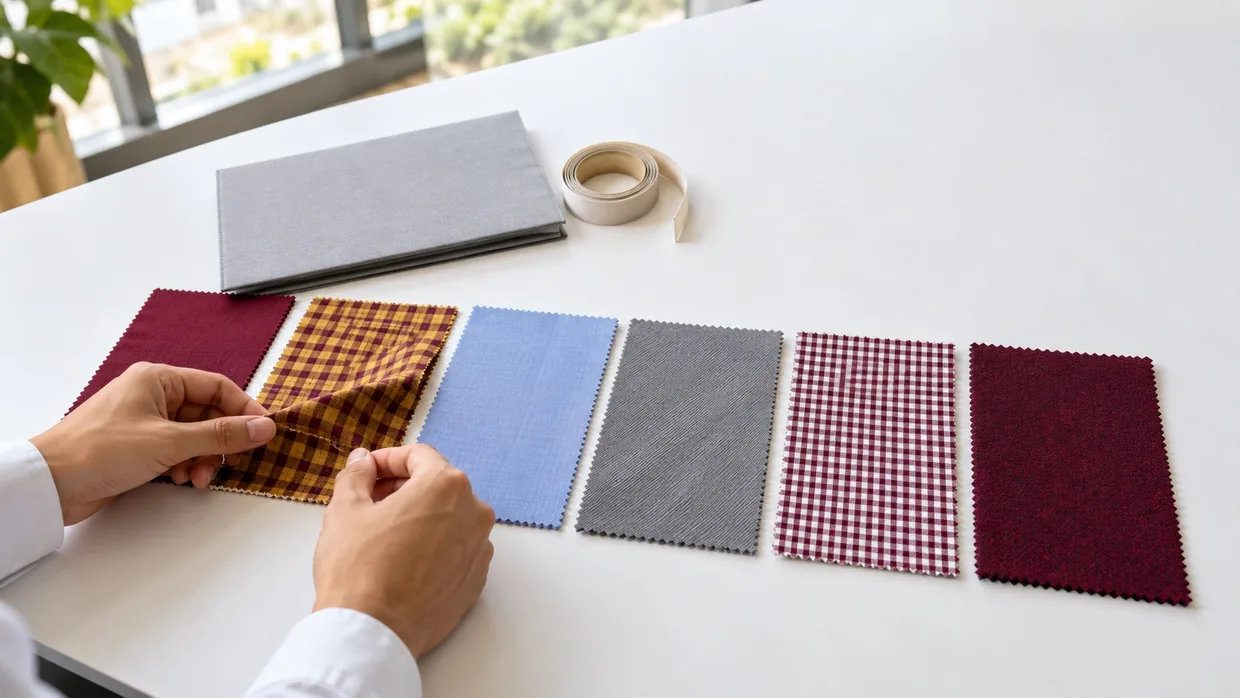 Hands lifting one of six school uniform fabric swatches laid out side by side on a white table for comparison