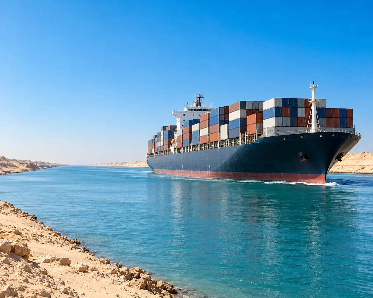 A container ship sailing through a narrow desert canal on a clear morning