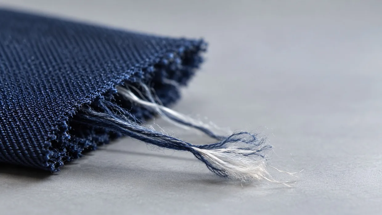 A thread pulled from navy poly-viscose suiting, untwisted to show glossy polyester and matte viscose fibers together