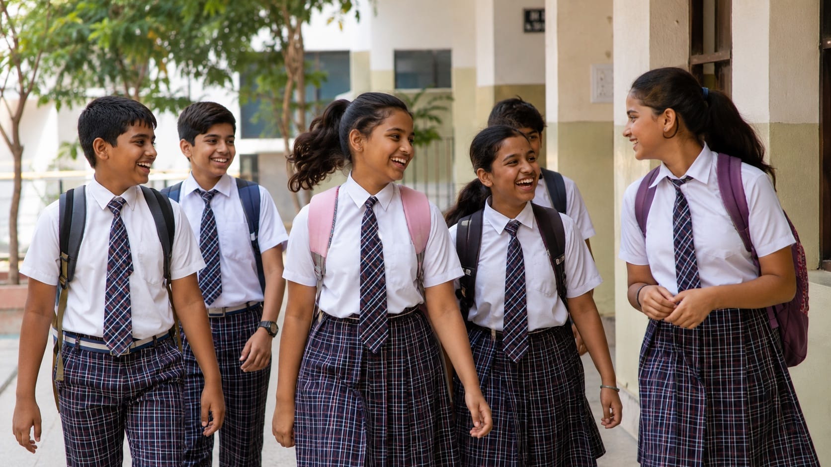 Students walking in school uniform fabric
