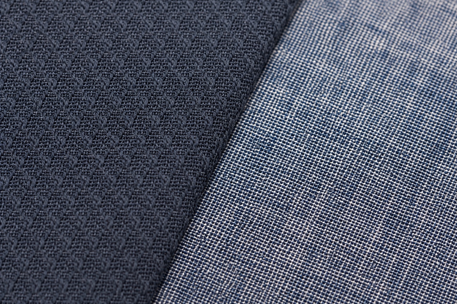 Close-up comparison of dobby weave and chambray weave fabric structures side by side