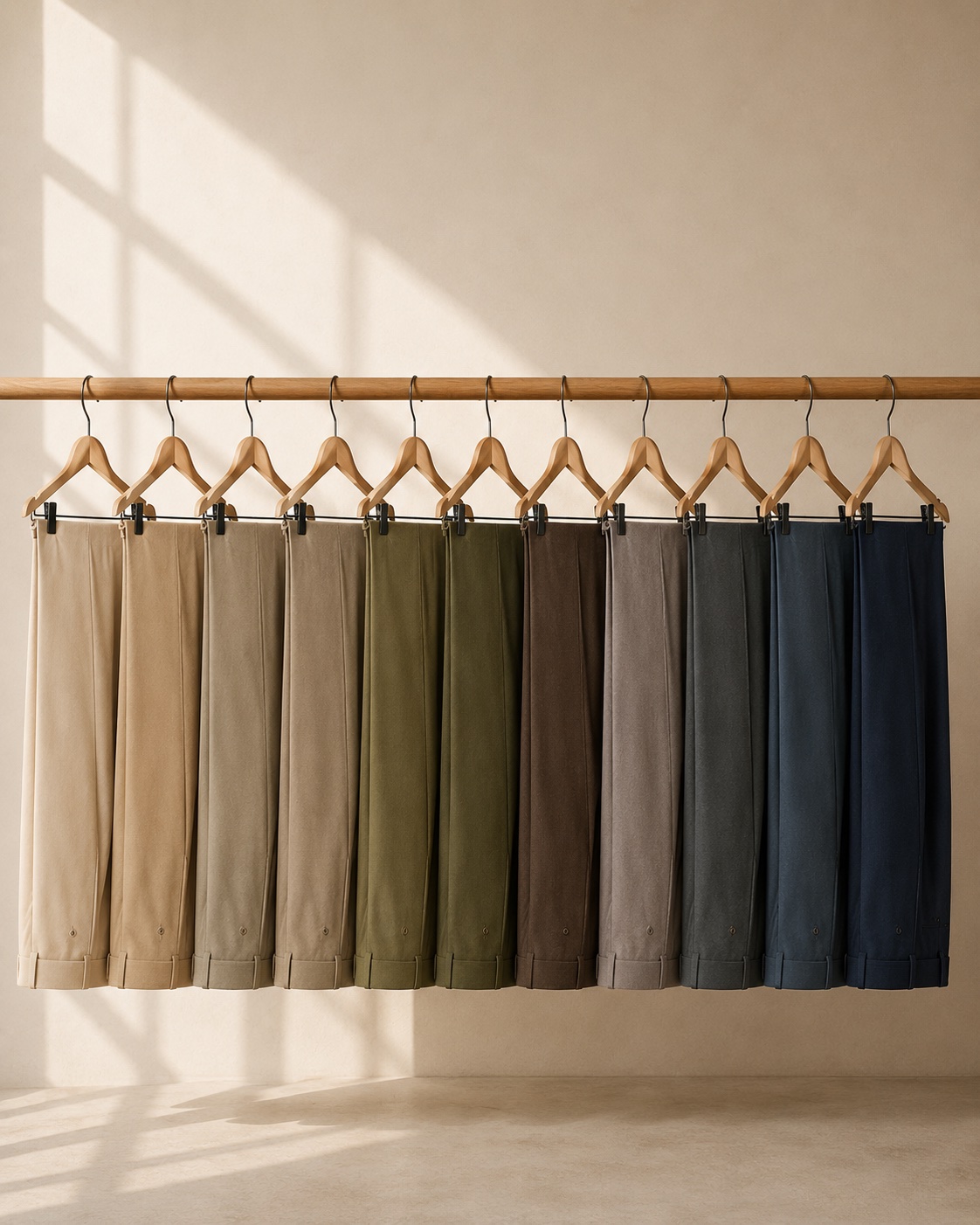 Rack of dyed uniform fabric in a range of institutional colours