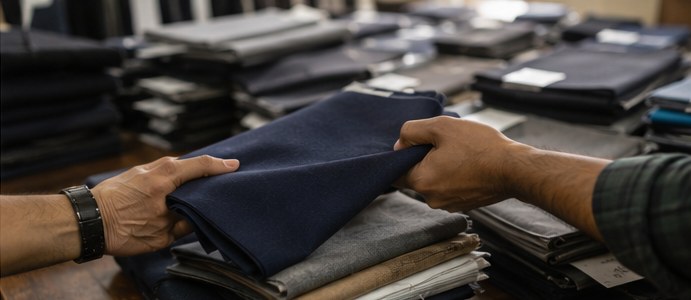 Close-up of hands exchanging folded fabric swatches for inspection, representing supplier sample review