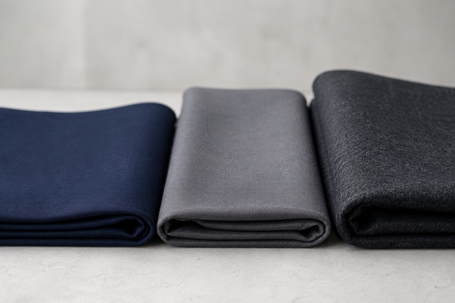 Three folded uniform fabric swatches in navy, grey and charcoal showing visibly different weights for GSM comparison