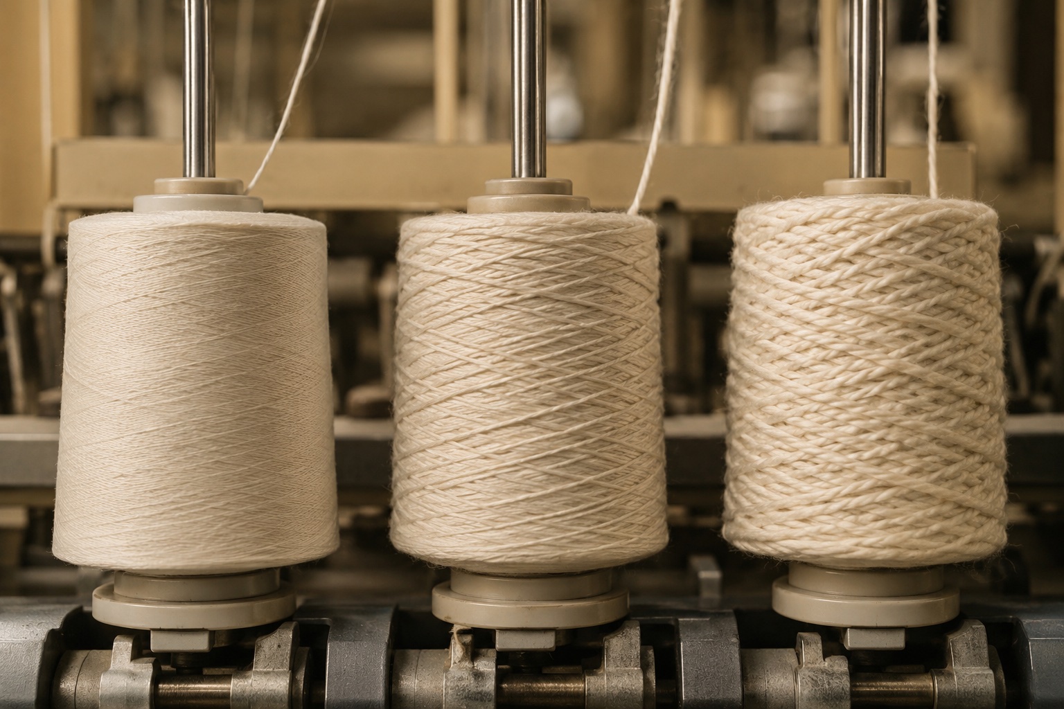 Yarn samples of different counts laid side by side for comparison